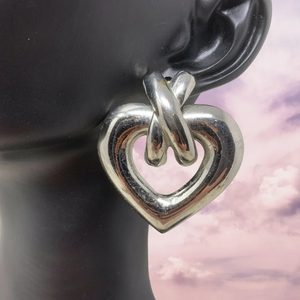 Vintage Y2K Oversized Heart & Cross Doorknocker Silver Earrings Pierced Carded